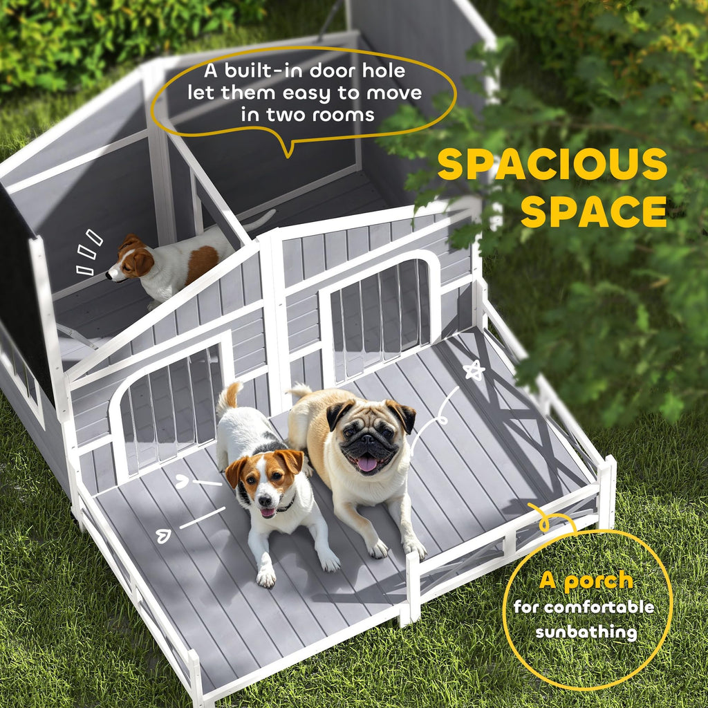 PawHut Dog House Outdoor, Wooden Dog Kennel Weatherproof with Porch, Openable Roof, Removable Bottom, Elevated Floor, Double Room for 2 Small to Medium Breeds