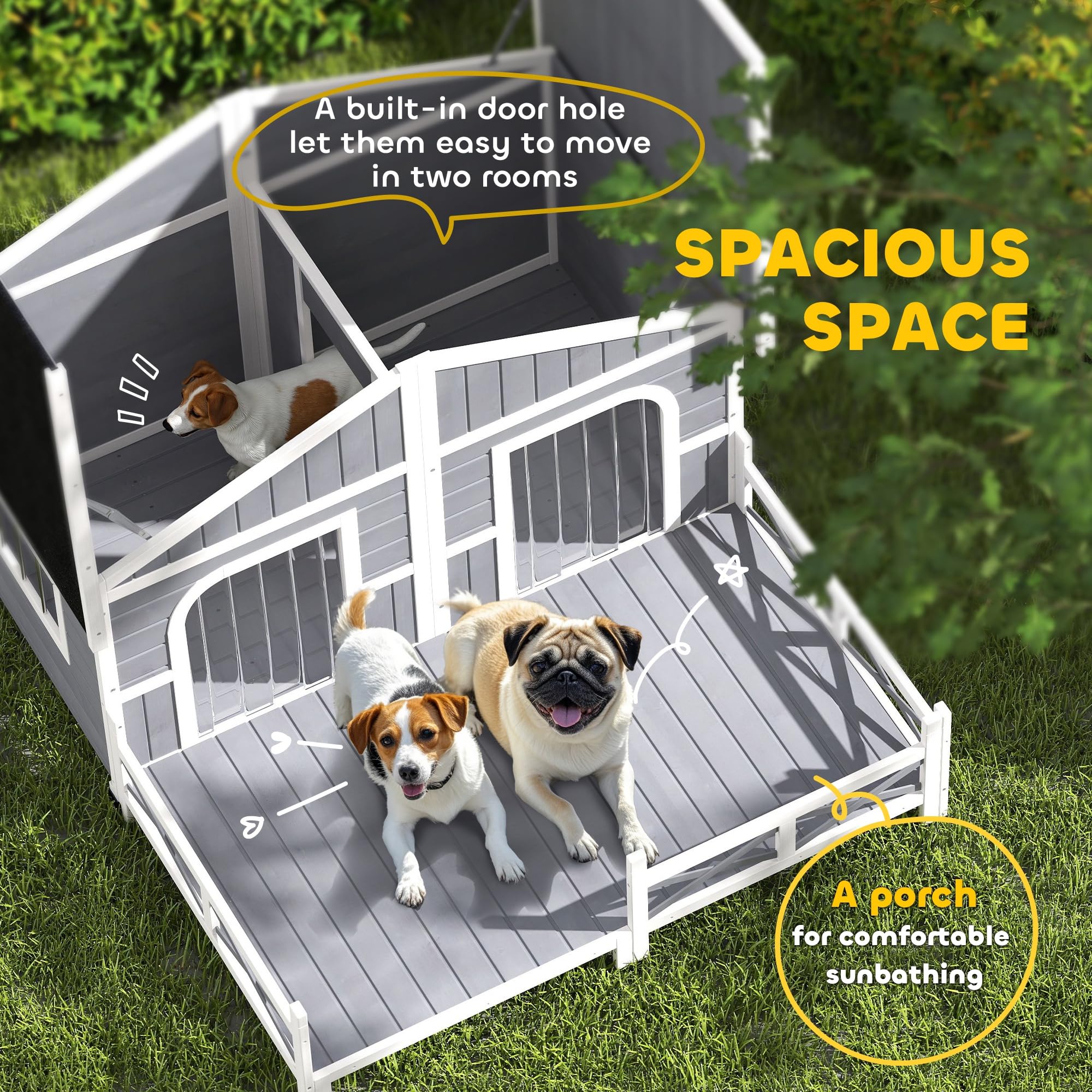 PawHut Dog House Outdoor, Wooden Dog Kennel Weatherproof with Porch, Openable Roof, Removable Bottom, Elevated Floor, Double Room for 2 Small to Medium Breeds