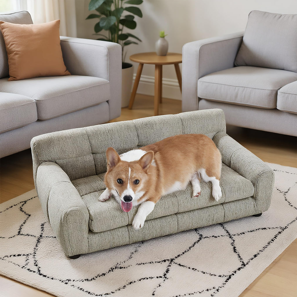 38" Large Dog Sofa Bed, Elevated Dog Bed with Backrest and Armrests, Soft Memory Foam Couches for Large and Medium-Sized Pets, Durable Linen Pet Couch Furniture, Beige
