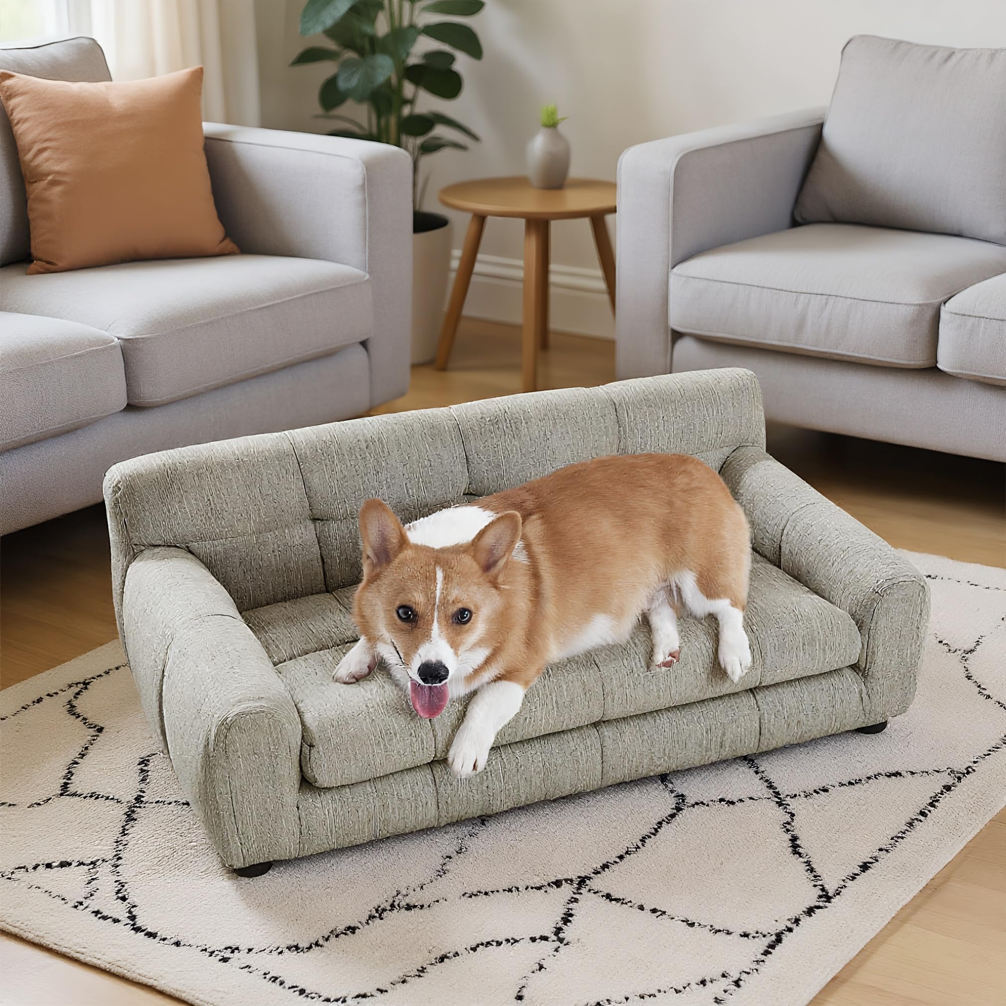 38" Large Dog Sofa Bed, Elevated Dog Bed with Backrest and Armrests, Soft Memory Foam Couches for Large and Medium-Sized Pets, Durable Linen Pet Couch Furniture, Beige