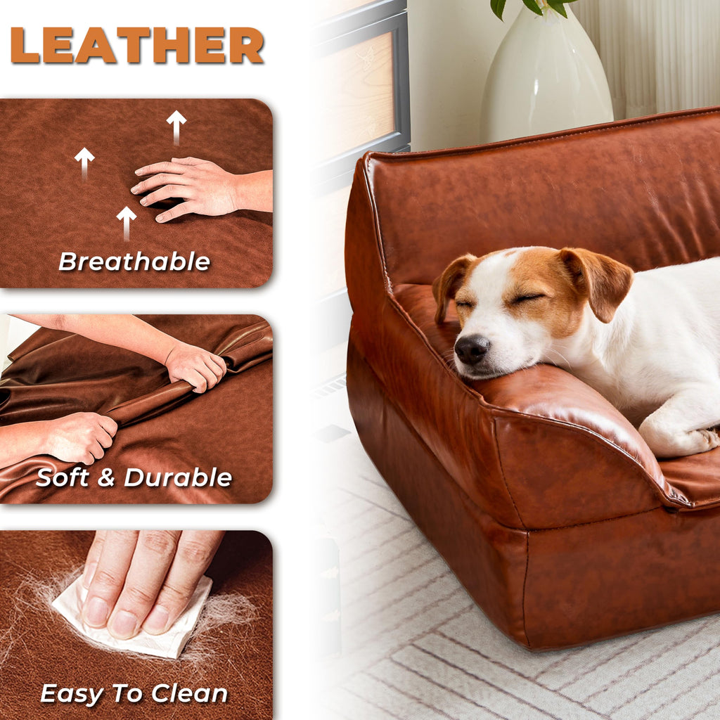 ATJafurn Leather Dog Couch Bed for Small Medium and Large Dogs, Brown Mid Century Modern Elevated Cat Sofa Bed Luxurious Indoor Furniture Style Pet Supplies for Puppy