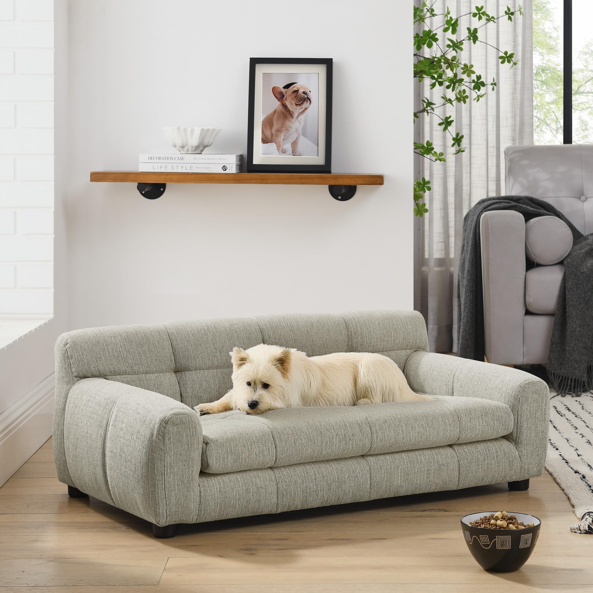 38" Large Dog Sofa Bed, Elevated Dog Bed with Backrest and Armrests, Soft Memory Foam Couches for Large and Medium-Sized Pets, Durable Linen Pet Couch Furniture, Beige