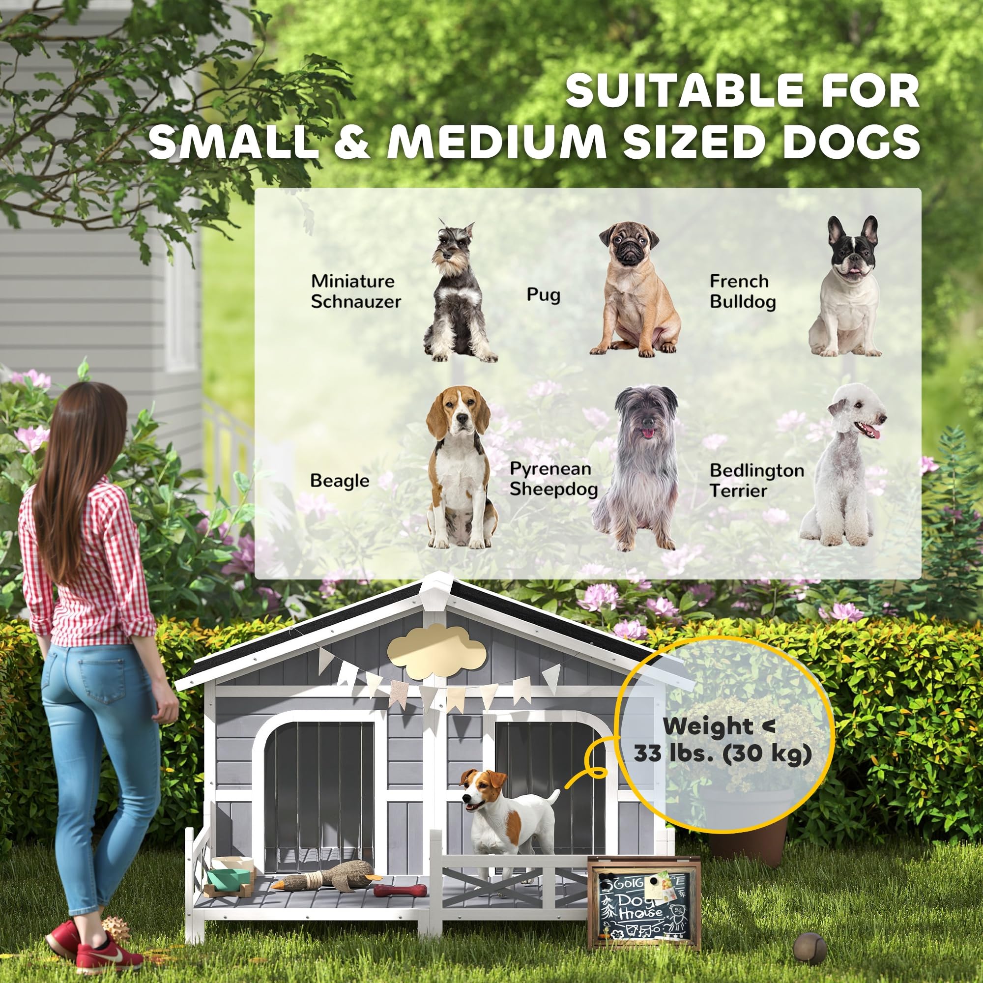 PawHut Dog House Outdoor, Wooden Dog Kennel Weatherproof with Porch, Openable Roof, Removable Bottom, Elevated Floor, Double Room for 2 Small to Medium Breeds