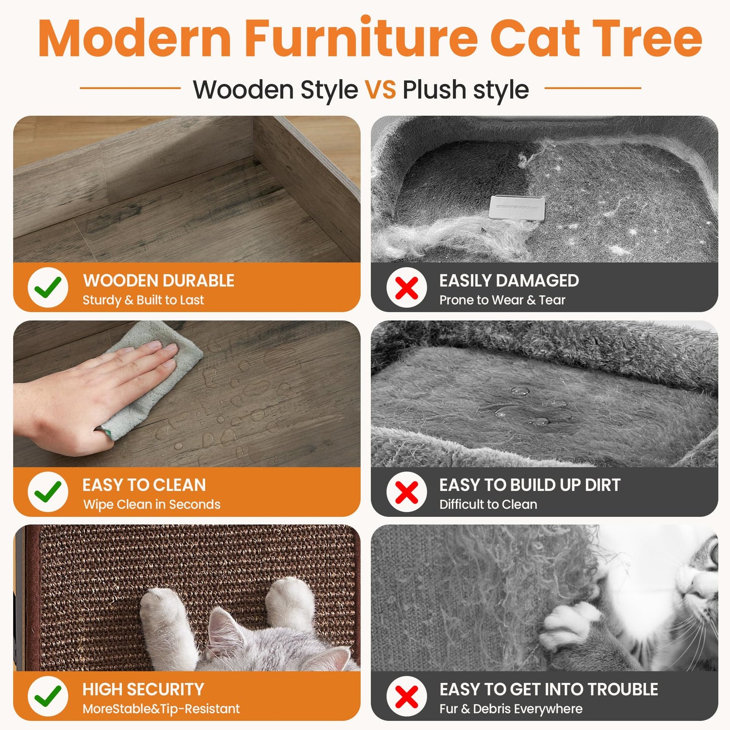 Modern Wood Cat Tree Tall Multi Level Cat Tower Perch Bed