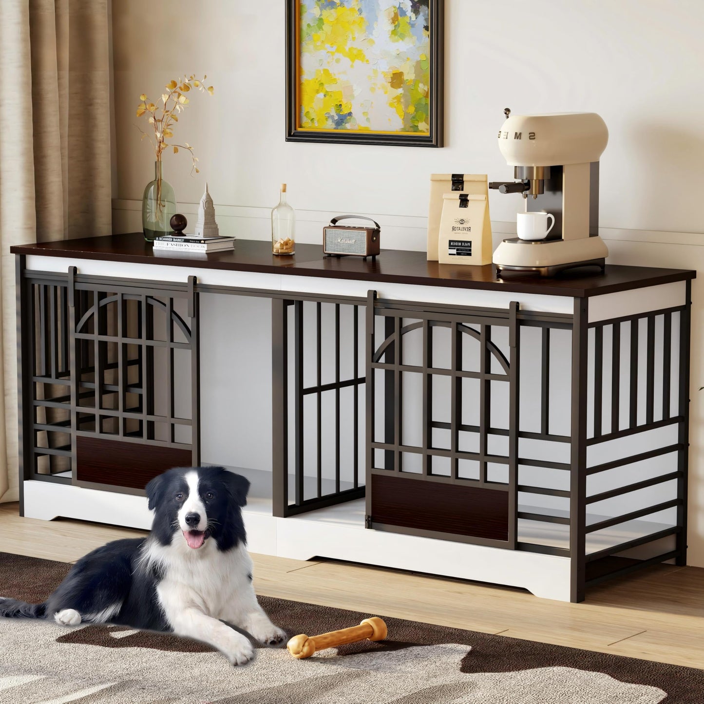 Double Dog Crate Furniture XL Indoor Kennel Divider TV Stand