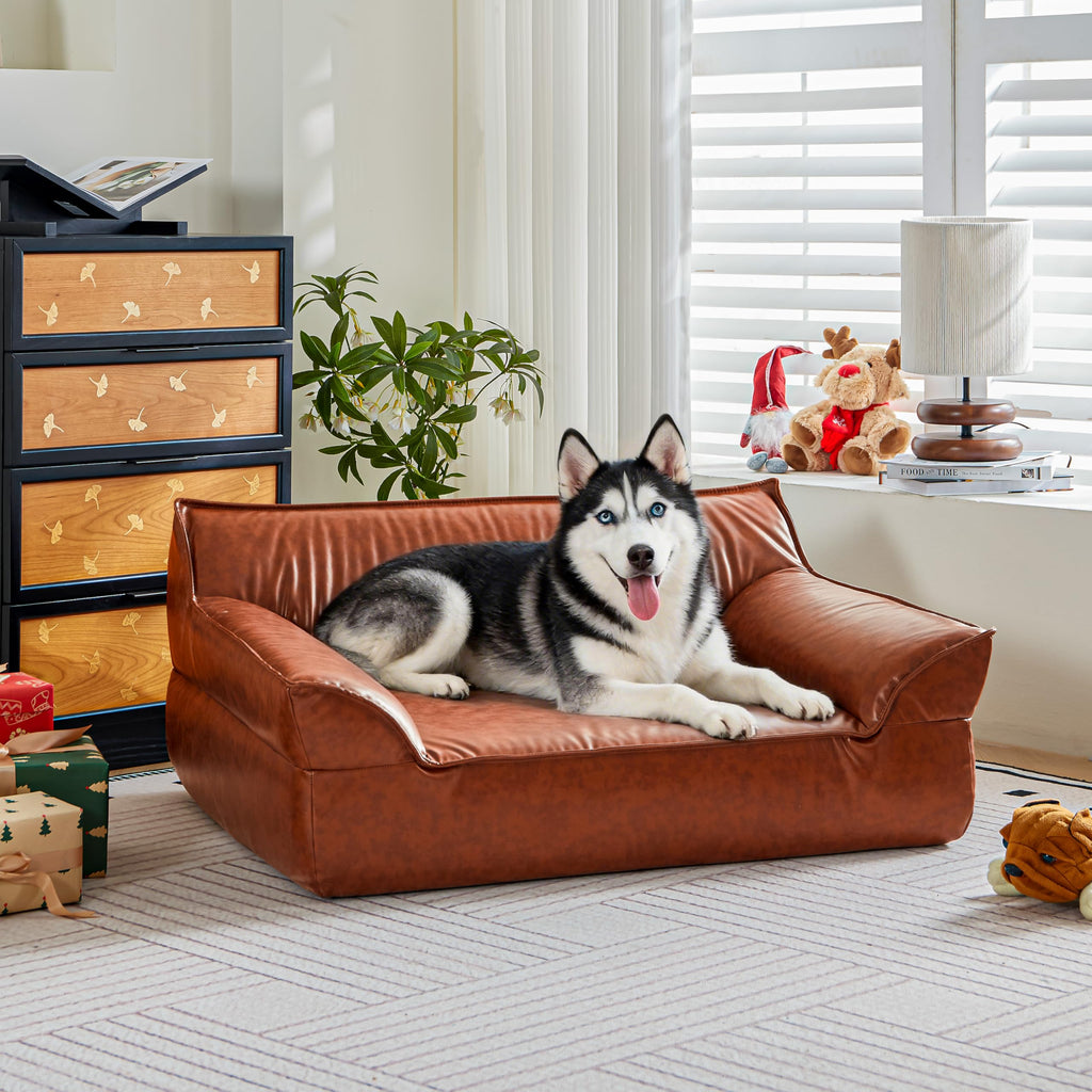 ATJafurn Leather Dog Couch Bed for Small Medium and Large Dogs, Brown Mid Century Modern Elevated Cat Sofa Bed Luxurious Indoor Furniture Style Pet Supplies for Puppy