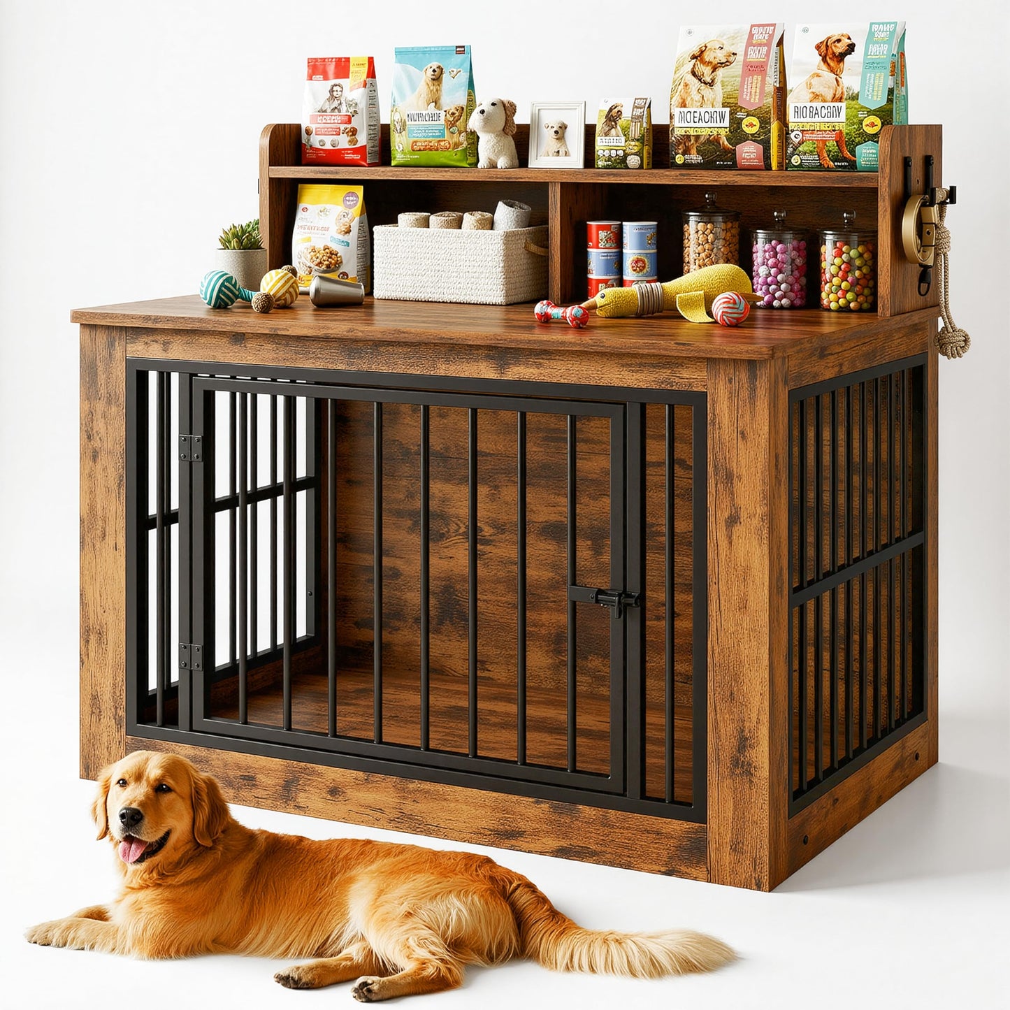 Large Dog Crate Furniture Wooden Storage Hooks Indoor Kennel