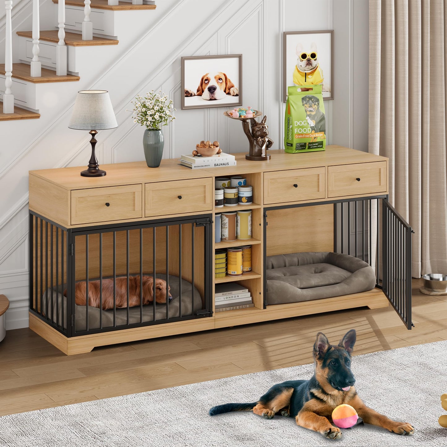 Dog Crate Indoor Kennel with Storage Drawers Shelves